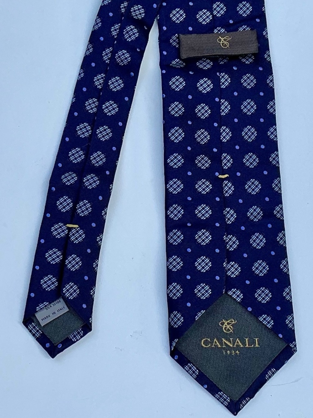 CANALI  dark  blue with circles design all Silk tie made in Italy 🇮🇹